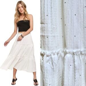 Adora White Flowy Tiered Boho Midi Maxi Skirt Swiss Dot Rhinestone Cottagecore